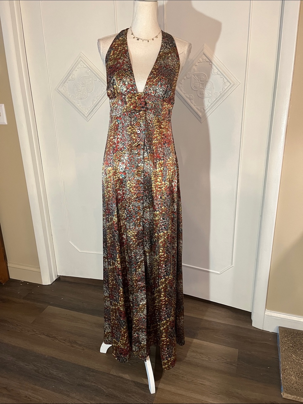 Plunging Halter Maxi Dress in Metallic Multi-Color